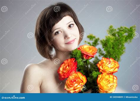 woman  flowers stock image image  face closeup