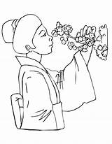 Coloring Flower Geisha Smelling Blossom Netart sketch template