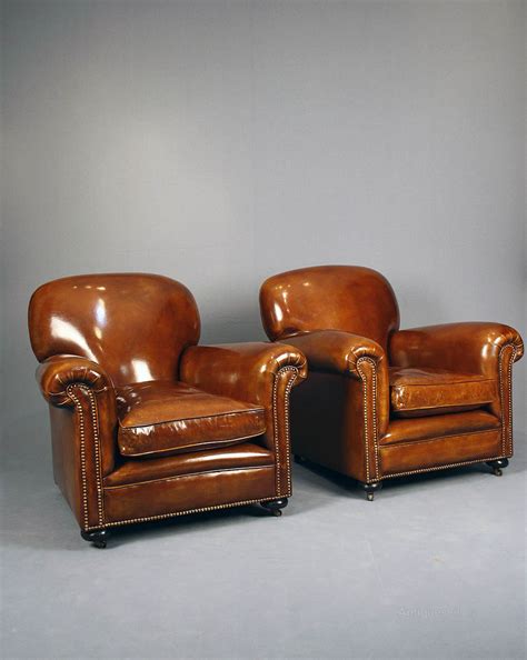 pair  antique leather club chairs antiques atlas