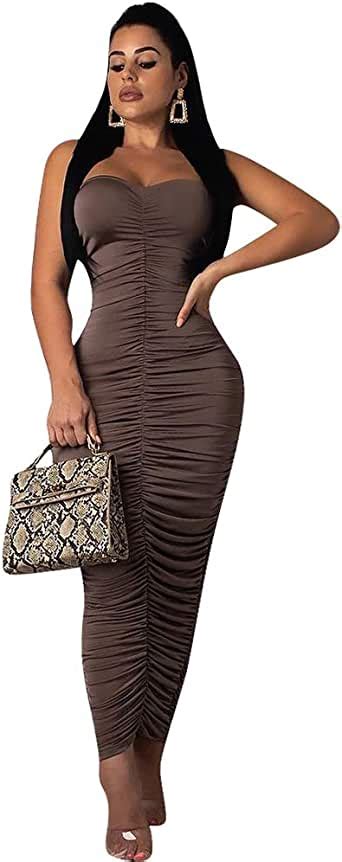 Bodycon Maxi Dresses For Women Ruched Strapless Bandeau Tube Top