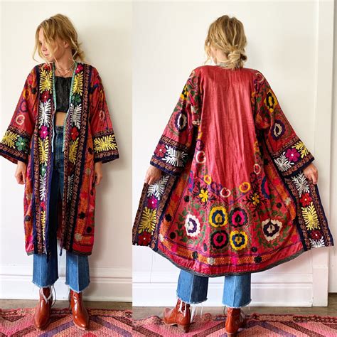 vintage embroidered silk coat uzbek tribal coat embroidered kimono coat