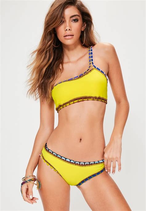 missguided yellow one shoulder crochet trim bikini set zendaya s