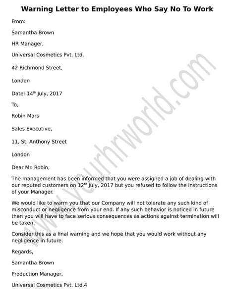 warning letter  employees refusing  work hr letter formats