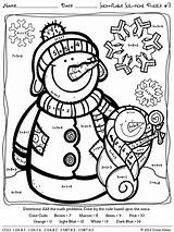 Winter Math Color Multiplication Number Subtraction Addition Puzzles Snowman Code Printable Snowflake Coloring Worksheets Printables Grade Christmas Worksheet Practice Pages sketch template