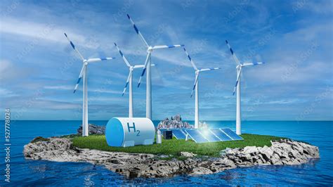 gewinnung von gruenem wasserstoff  mit photovoltaik und windkraftanlagen  illustration