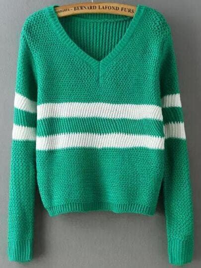 Green V Neck Striped Crop Sweater Shein Sheinside