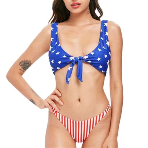 Klv Women Swimwear Sexy American Flag High Waist Bikini Set Bathing
