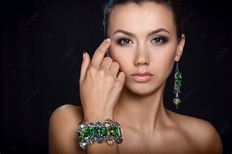 White Girl Brunette Beauty Portrait On Black Background With Jewelry