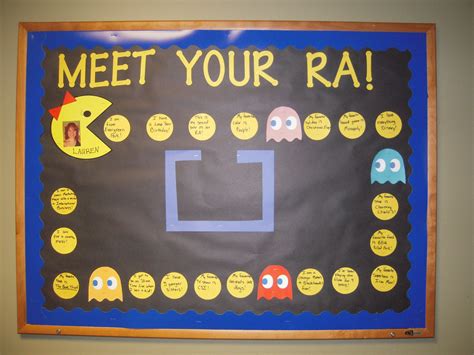 a bulletin board that says meet your ra with pacman and other pacman