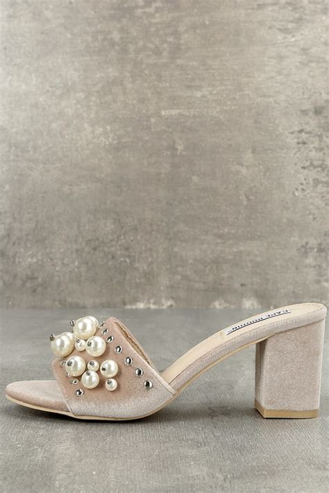 stunning velvet mules nude mules faux pearl mules