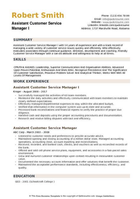 assistant customer service manager resume samples qwikresume
