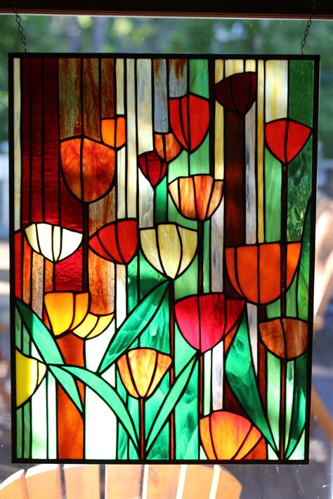 tulips stained glass panel etsy vitrail etsy tulipe