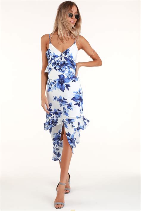 blue and white floral print dress midi dress ruffled dress lulus