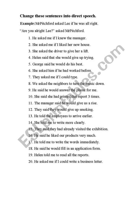 change indirect into direct speech - ESL worksheet by lataliia