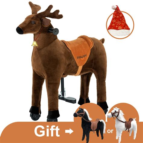uenjoy kids ride  reindeer riding horse toy pony rider mechanical cycle walking action plush