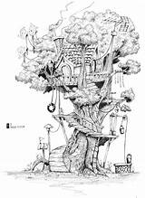 Pencil Treehouse Colouring Houses Zeichnen Baumhaus Colorear Arbre Hairloveistanbul Fairies Trippy Architecturedrawing sketch template