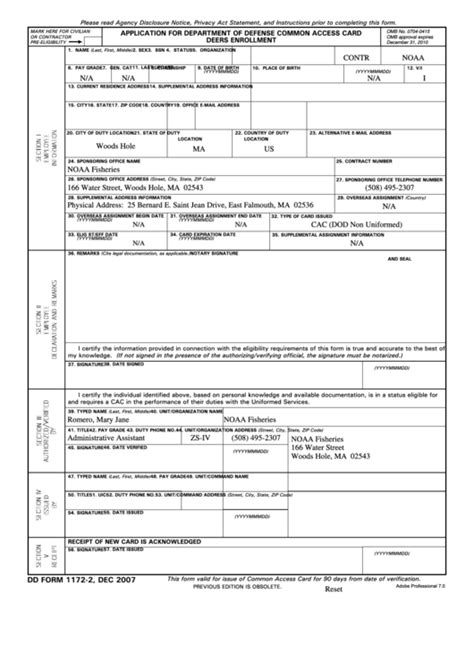 Fillable Dd Form 1172 2 2007 Application For Department