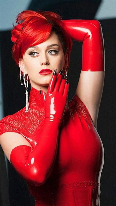 katy perry in red latex dress and gloves to match her hair
