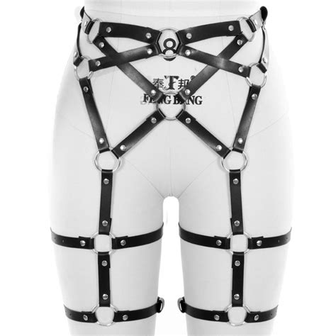 body cage black leather harness garter belt leg stockings suspenders