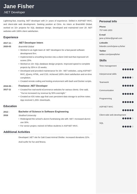 net developer resume samples experienced entry level