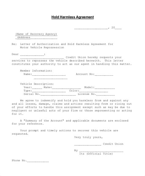 sample hold harmless agreement forms   ms word