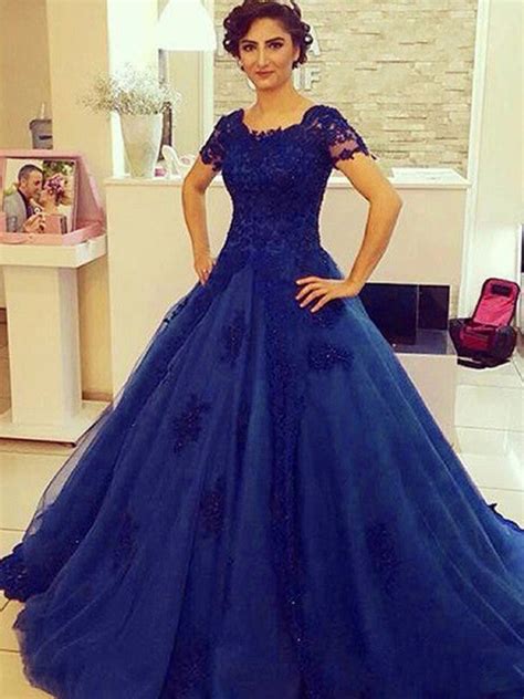 A Line Scoop Floor Length Tulle Royal Blue Prom Dress Evening Dress