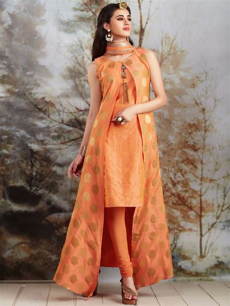 double layered orange silk salwar suit designer party