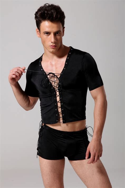 Free Shipping New Style Male Black Lace Up Gothic Bodysuit
