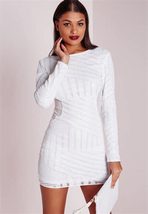 Long Sleeve Sequin Bodycon Dress White Missguided