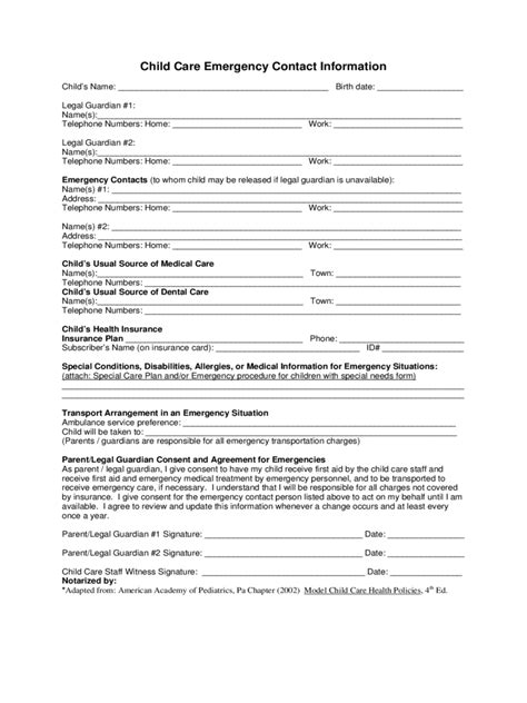child care emergency contact form fillable printable