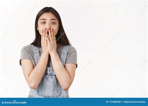 Shocked Stunned Gasping Brunette Asian Girl Open Mouth Cover Lips Hands