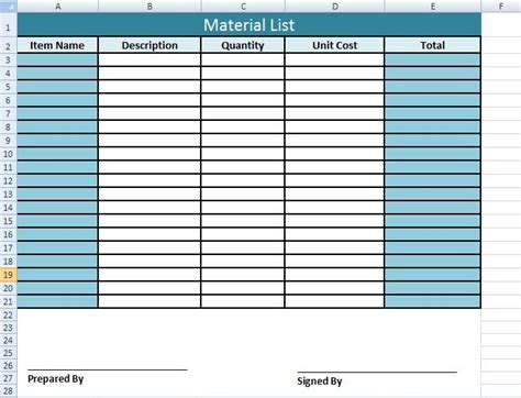 material list template  excel excel templates business plan