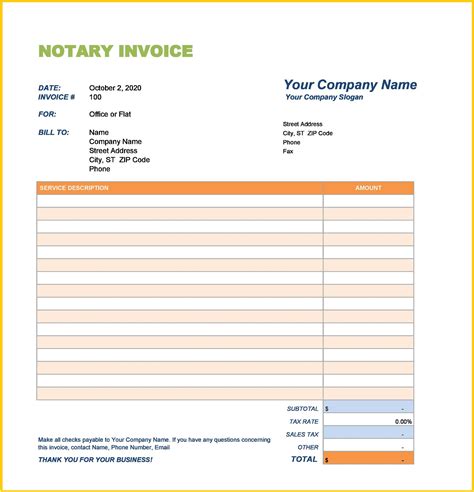 notary invoice template   printable templates