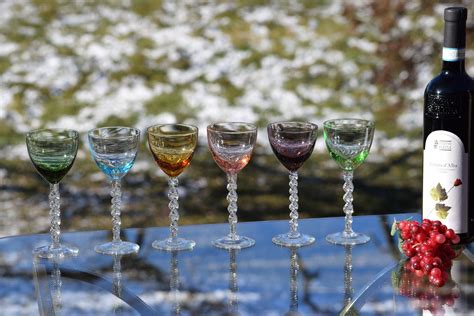 Vintage Multi Colored Clear Twisted Stem Wine Glasses Set