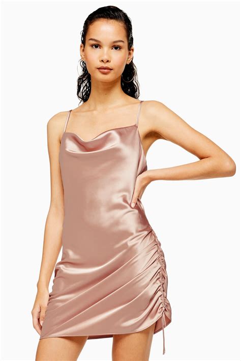 topshop synthetic ruched mini satin slip dress in pink lyst