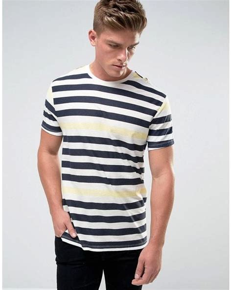 bershka  shirt  stripes  navy  yellow  white  men lyst