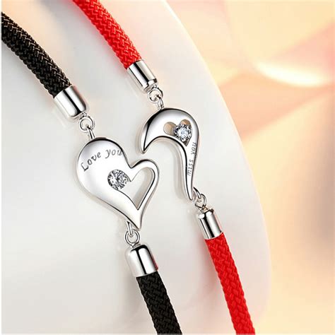 love  matching heart bracelets  couples  silver  rope