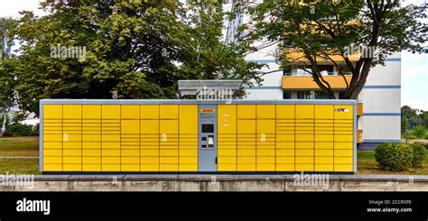 yellow packing station  storing parcels   logidtig company dhl  braunschweig germany