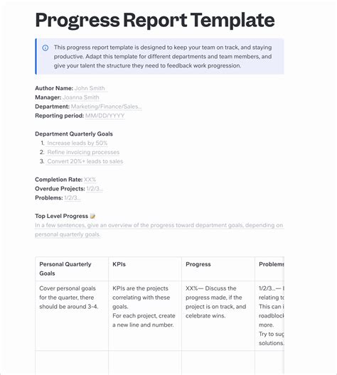 customizable progress report template slite
