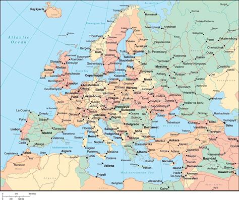 multi color europe map  countries major cities map resources