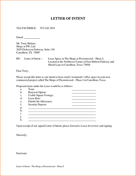 letter  intent  rent template examples letter template collection