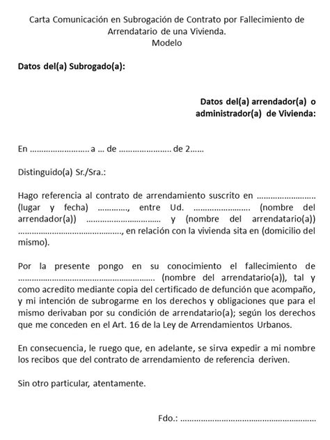 Fallecimiento Del Arrendador • Modelo De Subrogación De Contrato