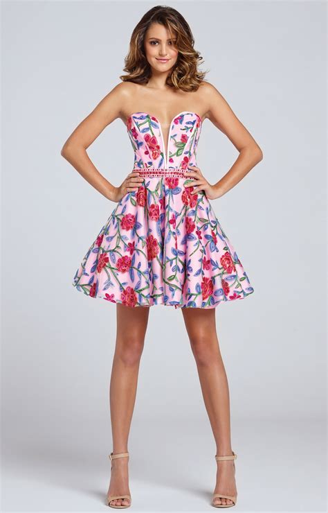 Ellie Wilde Ew117088 A Line Floral Dress With Plunging Sweetheart