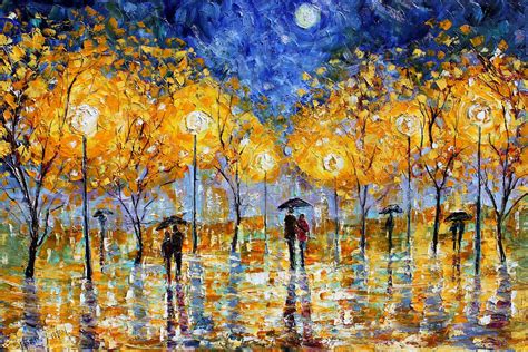 Original Oil Painting Night Moon Romance Rain Landscape