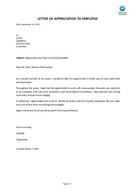 kostenloses employee appreciation letter  hard work  dedication
