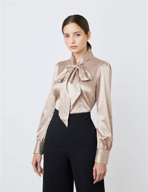 satin women s fitted shirt with pussy bow in taupe hawes