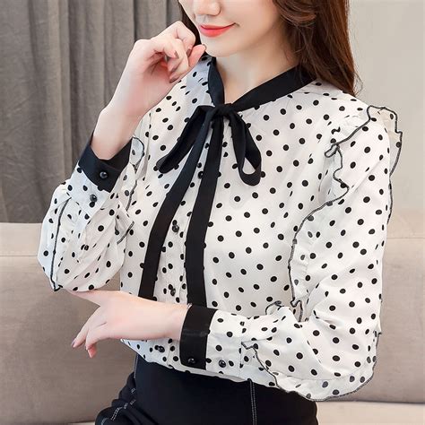 vintage polka dot women blouse ruffles chiffon shirt women lace up