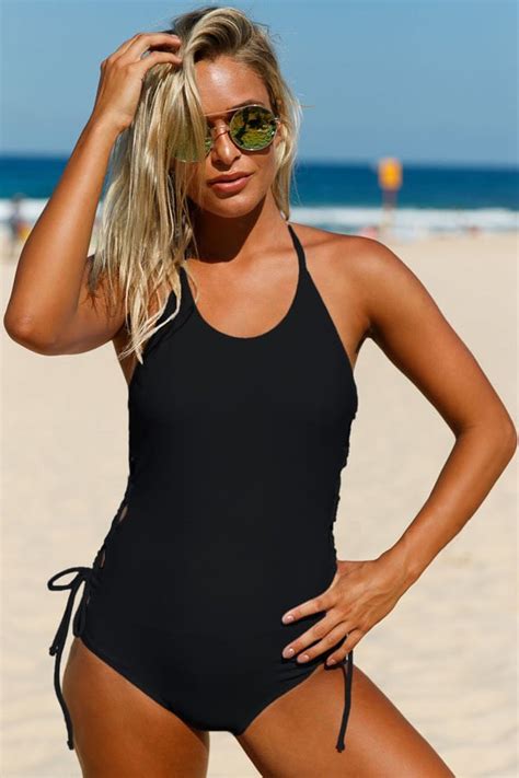 Hualong Side Lace Up Halter One Piece Swimsuit Online