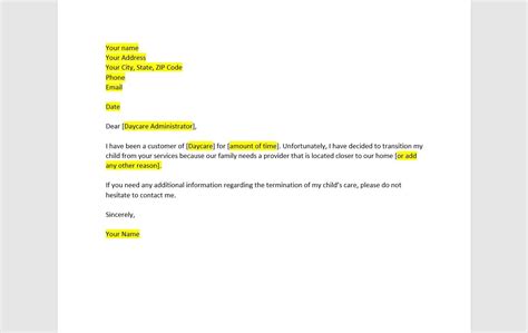 daycare termination increase letter template daycare termination