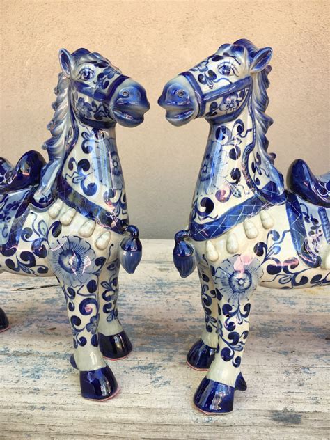 pair vintage porcelain horse figurines chinoiserie blue  white gray